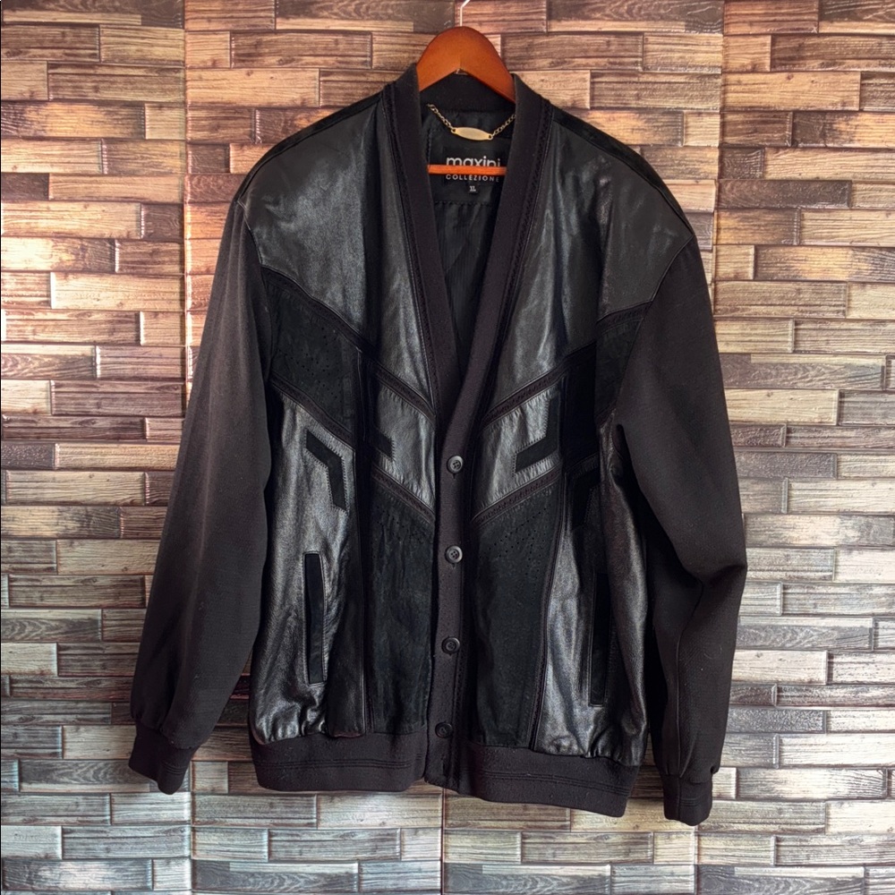Vintage Men’s Maxini Faux Leather Knit Jacket Cardigan XL